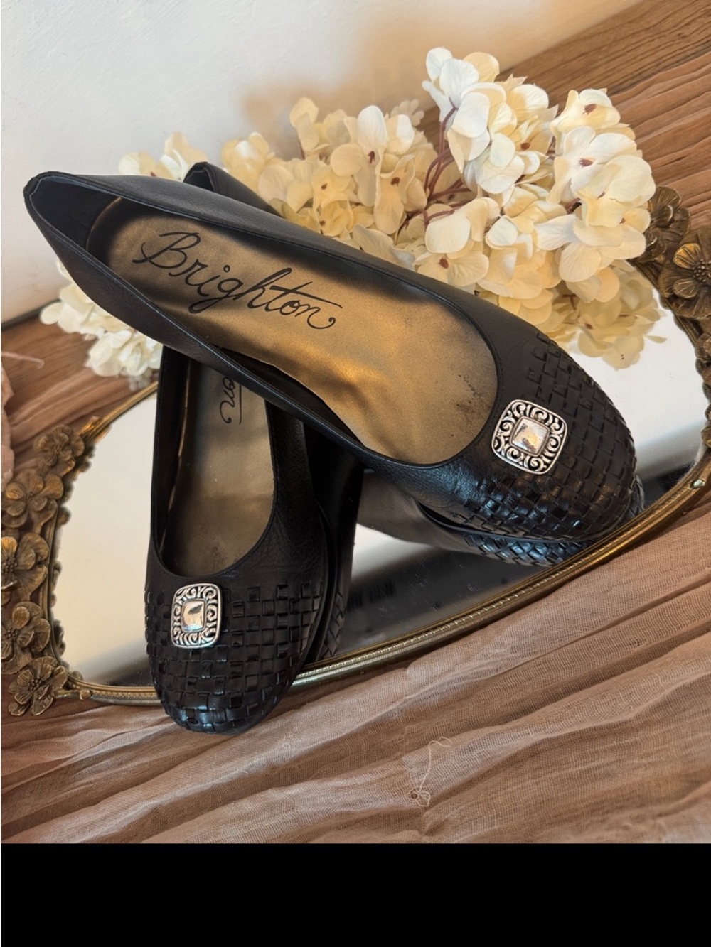 Brighton 'Barb' Black Leather Ballet Flats With Silver Accent Charm Size 7